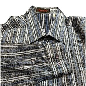 Vintage Barcelino Mens Silk Italy Button Down Shirt XL Blue Patterned AOP